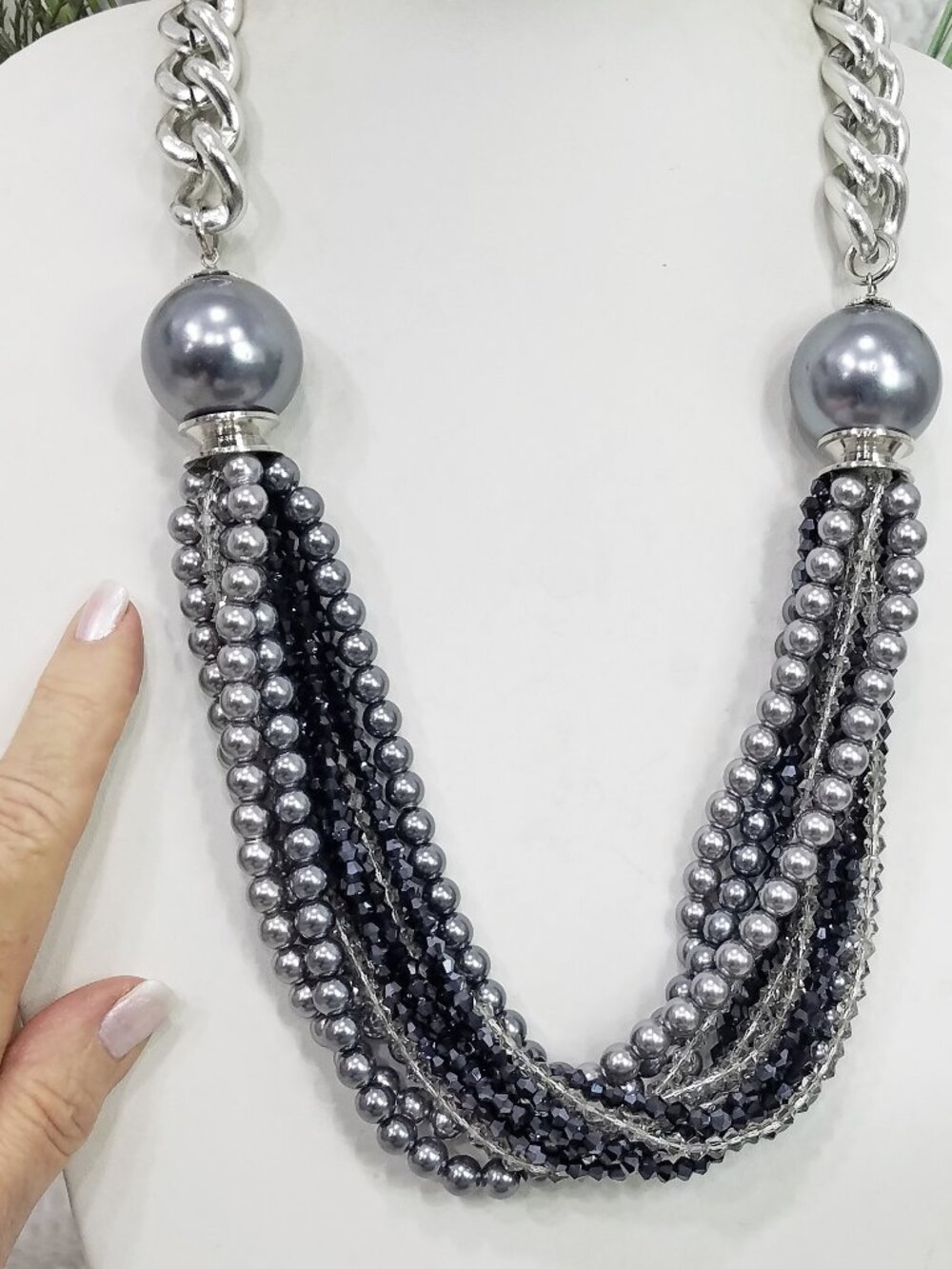 Silver Tone Pearl Beaded Layered Statement Necklace Chunky Chain Fashion Jewelry